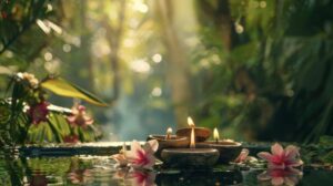 "Candle and lotus flowers reflecting on water at The Soma Spa, an Ayurvedic spa in Denver"