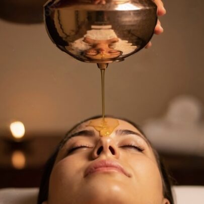 Shiro-Soma-Spa-Karma-Yoga-Center Warm herbal oil poured over the third eye during a Shirodhara treatment at The Soma Spa in Denver