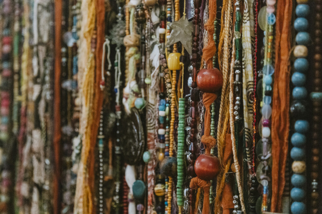 Beaded malas and necklaces in the Karma Yoga Center boutique