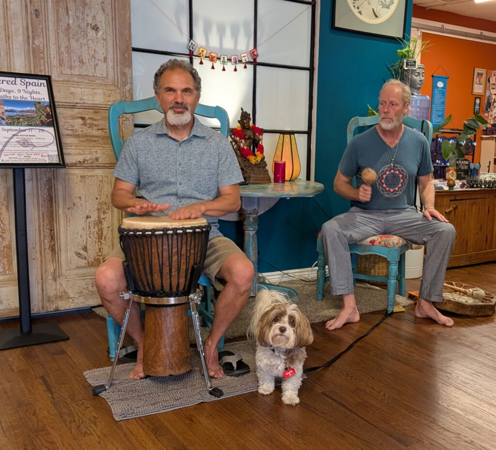 Live drumming and music at a Karma Yoga Center community gathering