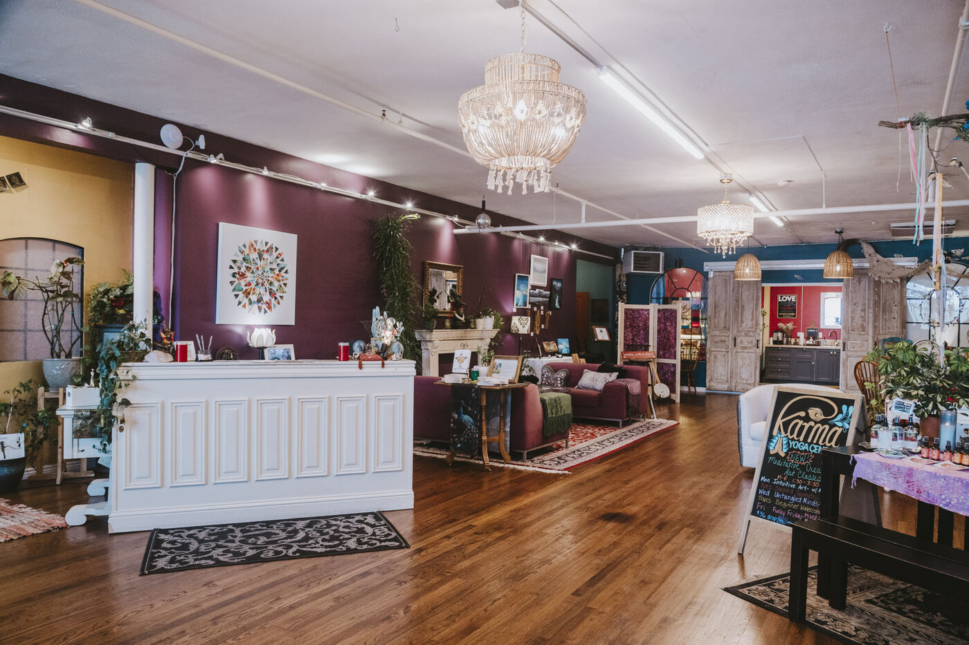Front desk and community space at Karma Yoga Center, 1760 S. Broadway