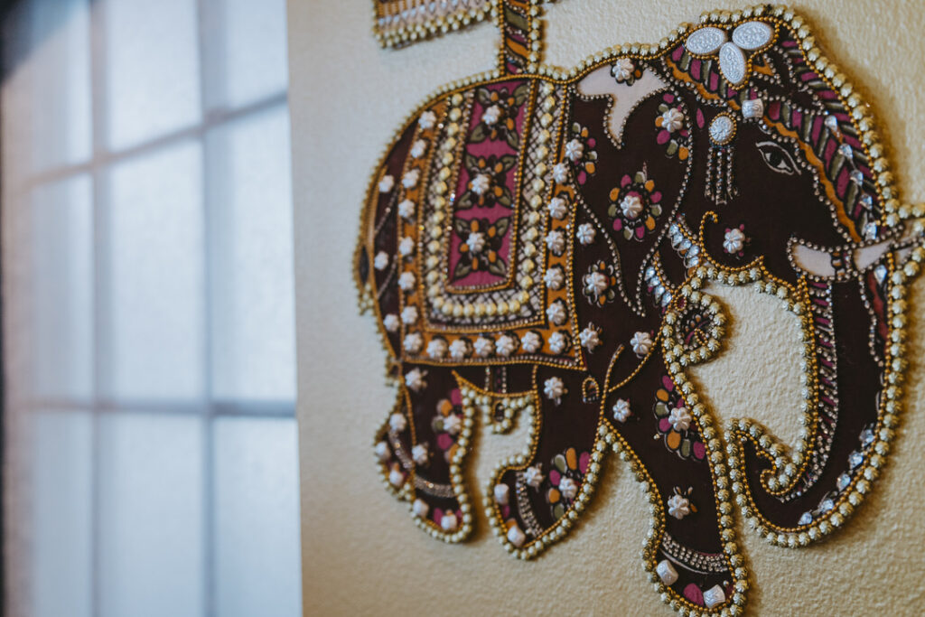 Jeweled elephant wall art at Karma Yoga Center