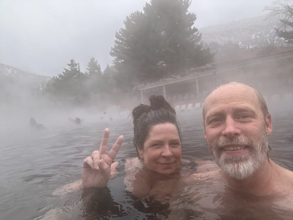 Soaking in the misty hot springs at Glenwood Springs, Colorado
