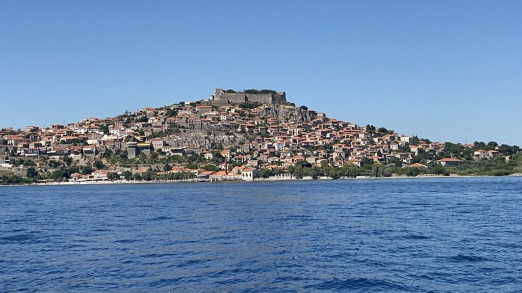 The castle village of Molyvos seen from the sea on Lesvos