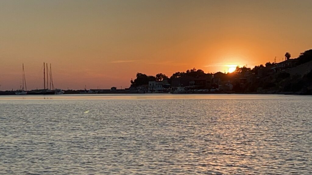 Sunset over the harbor at Molyvos, Lesvos