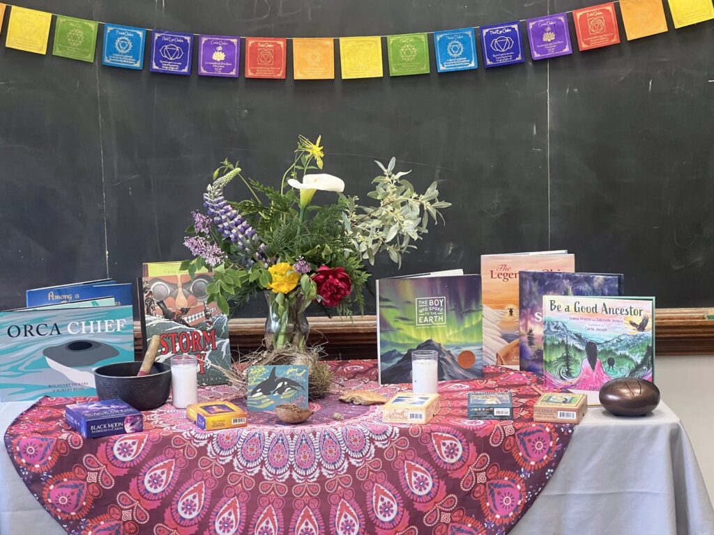 Altar with flowers and prayer flags at the Washington retreat