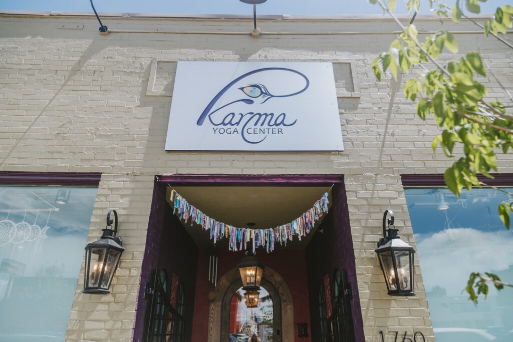 Karma Yoga Center sign and entrance on South Broadway, Denver