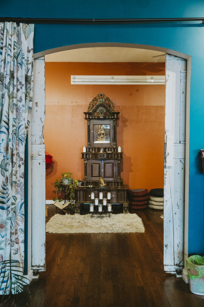 Archway into the meditation room shrine at Karma Yoga Center