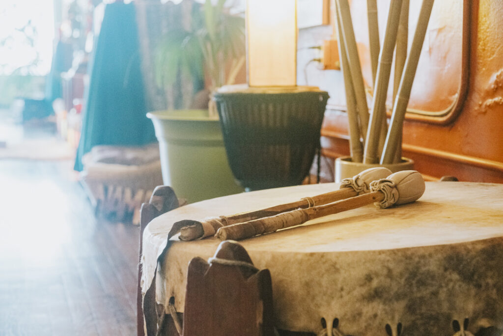 Ceremonial drum in the main studio at Karma Yoga Center