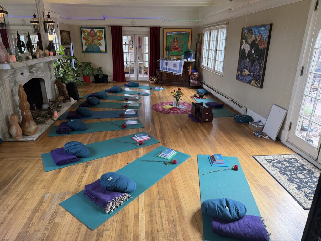 Yoga room set with mats and bolsters at Rockledge Retreat Center, Manitou Springs