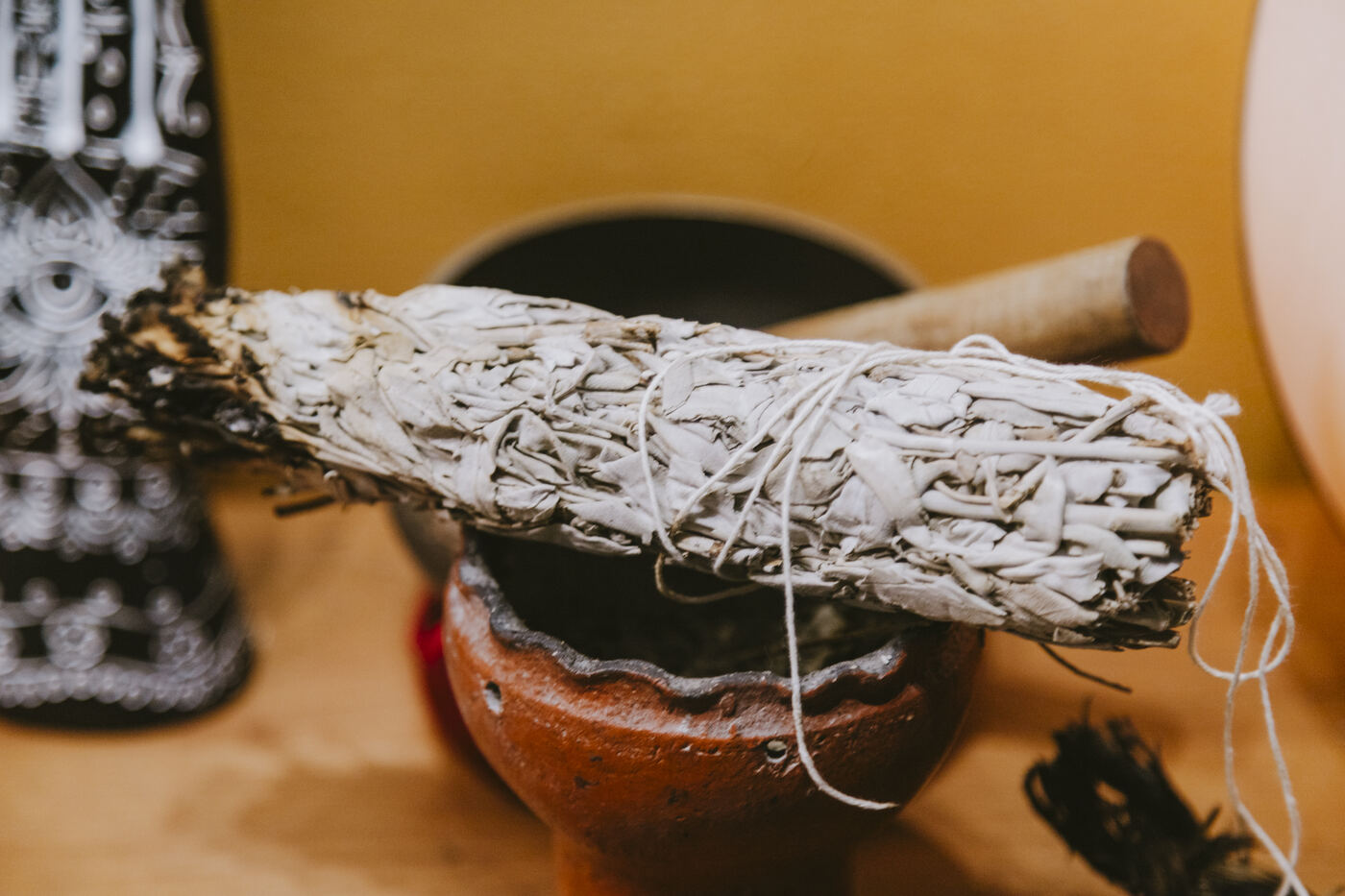 Sage bundles and sacred tools in the Karma Yoga Center boutique